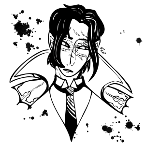 A black and white spot illustration of a man with scars