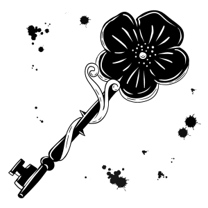 A black and white spot illustration of a briar-rose shaped key