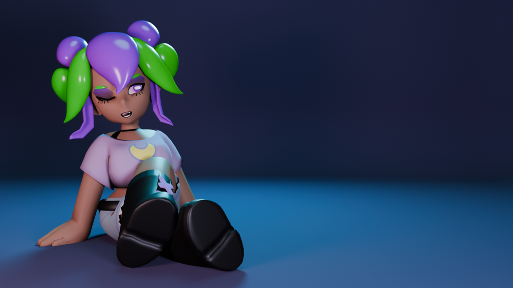 A 3D character sitting on the ground